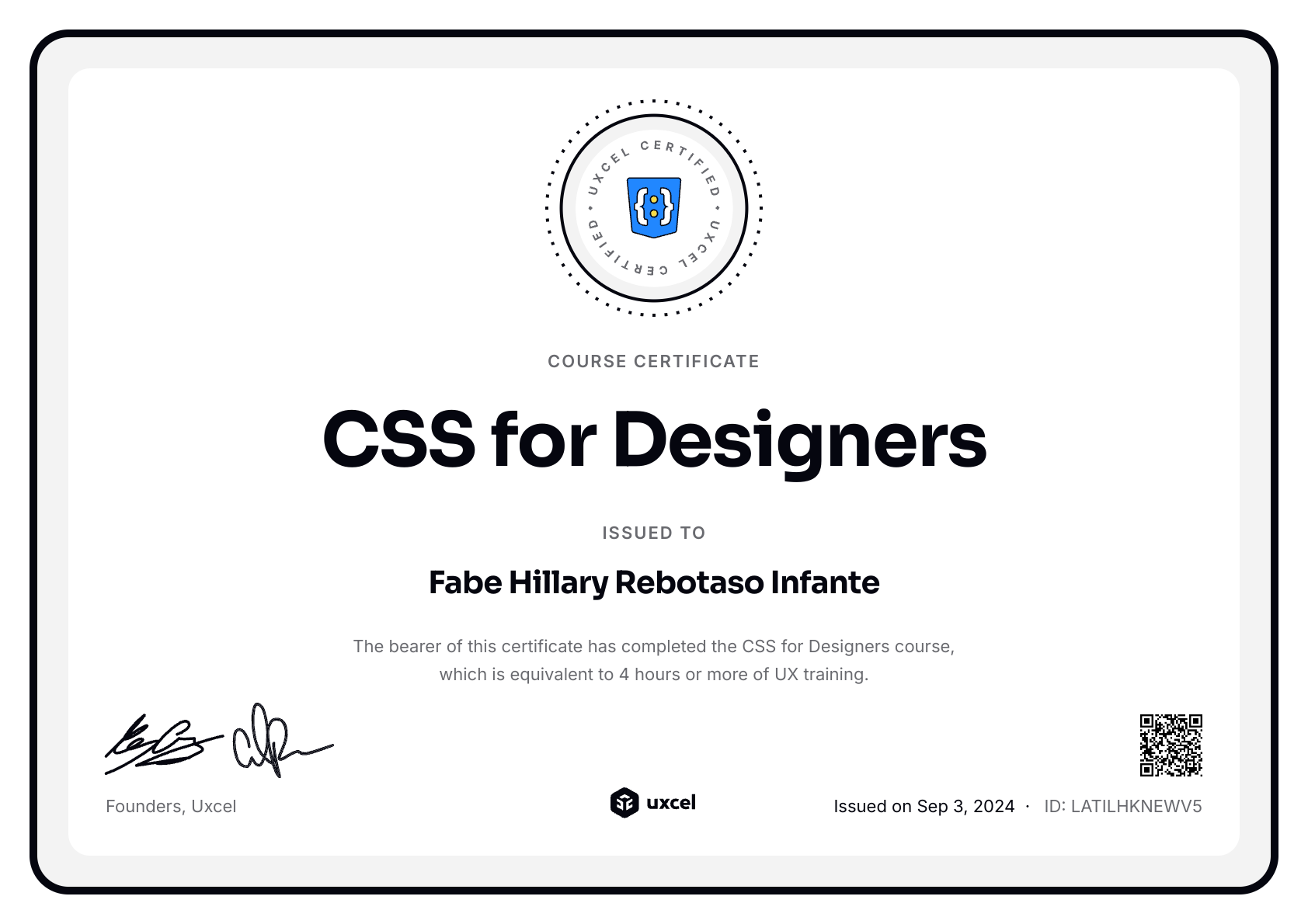 Fabe Hillary Rebotaso Infante's certificate